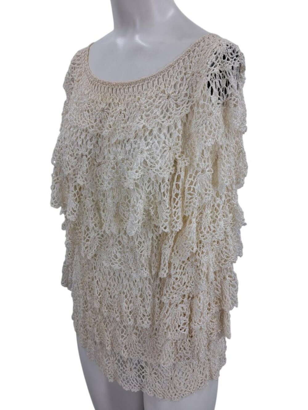 Boston Proper Sheer Ruffle Crochet Lace Blouse Size M/L Ivory Cottagecore Boho